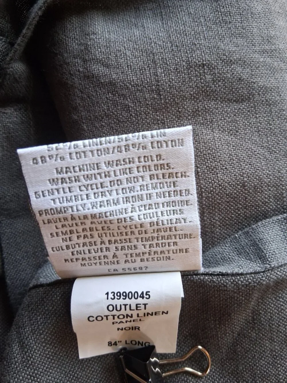 Restoration Hardware 100W x 84L NOIR (DARK GREY)UNLINED Linen-Blend SINGLE Drape